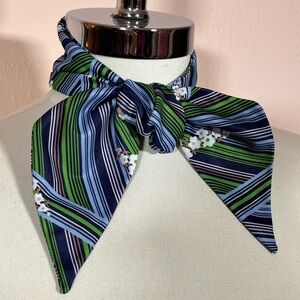 Vintage 1970's Mod Floral Stripe Blue Kelly Green Cravat Neck Bow Scarf  twilly